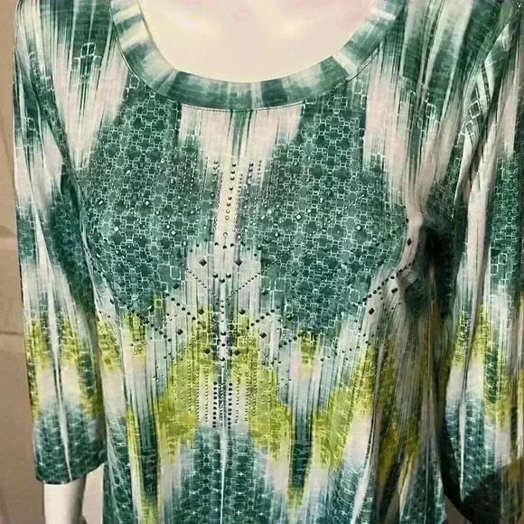 One World Womens 3/4 Sleeve Tunic Top Embellished Green Blouse Small - Picture 9 of 11